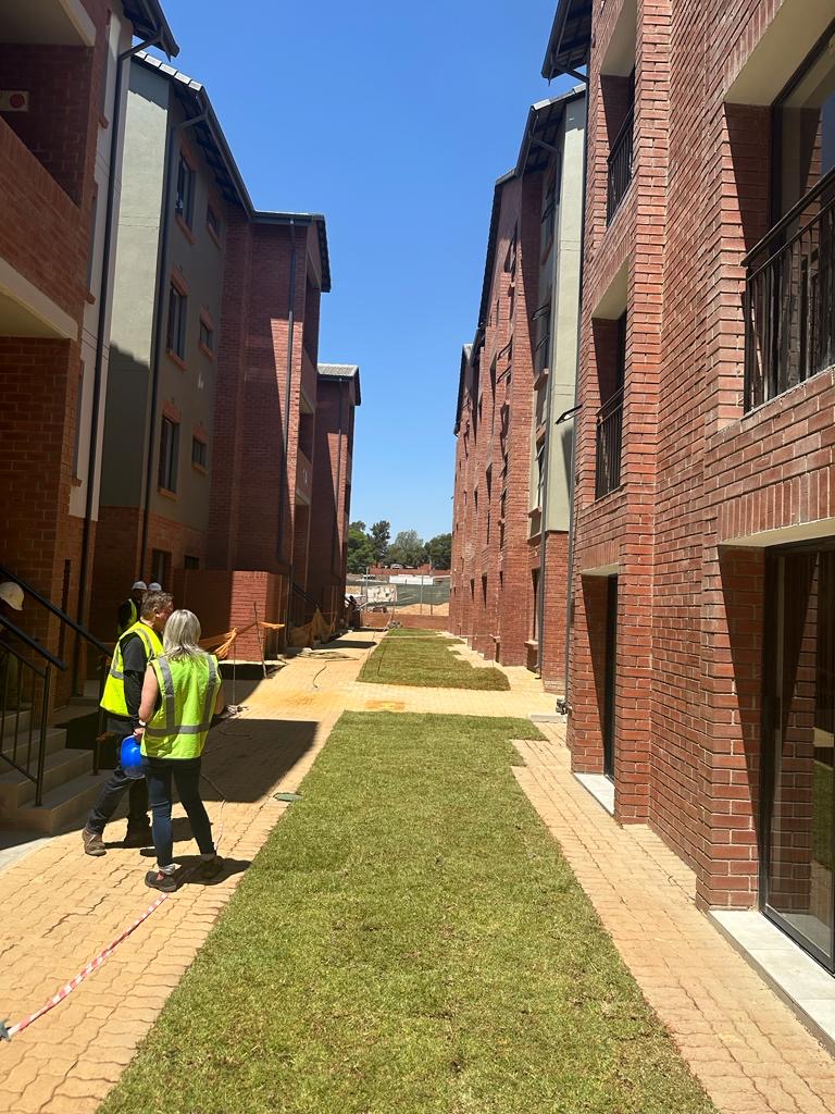Landscaped courtyard between completed residential blocks