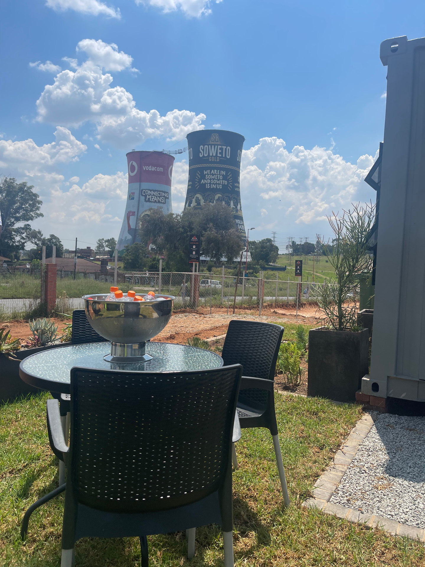 Outdoor seating with views of the iconic Orlando Towers